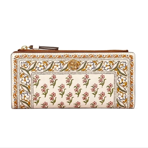 NWT ~Tory Burch Walker Printed Leather Slim Wallet Beige Flower Ditsy Border - Picture 2 of 16